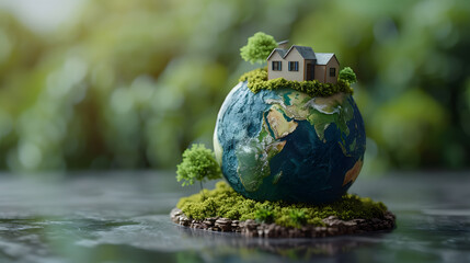 A miniature house is on a globe with trees and water.
