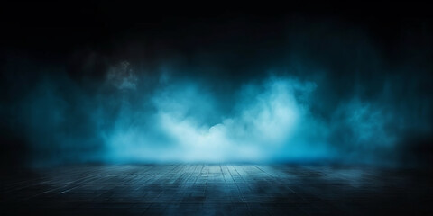 Obraz na płótnie Canvas dark blue room background with smoke and floor, Dark empty scene, blue neon searchlight light, smoke, night view, rays, banner poster design