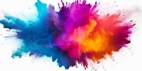 Explosion of colorful powder on white background. rainbow explosion explode burst isolated splatter abstract,Colorful rainbow holi powder splash, smoke or fog particles explosive special effect