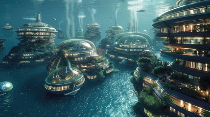 Imaginative underwater cities teeming with marine life, advanced technology, and bio-luminescent structures beneath the waves