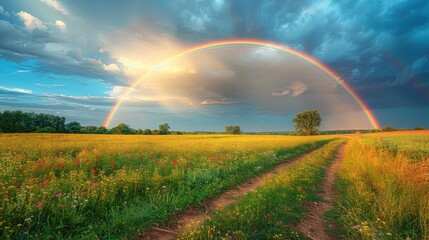 Rainbow over stormy sky. Rural landscape with rainbow over dark stormy sky in a countryside