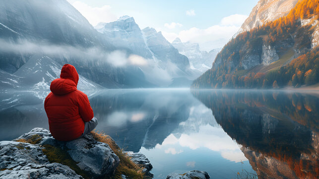 Solitary adventurer in red jacket overlooking a serene landscape, captivated by nature's beauty. Generative Ai


