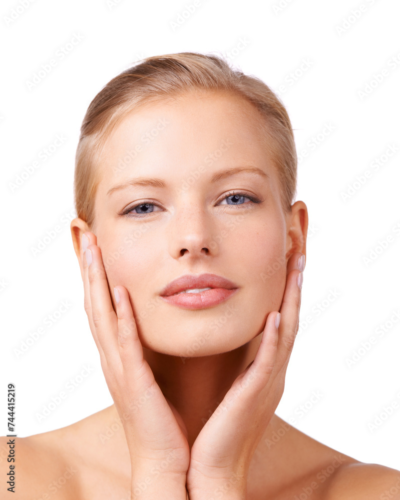 Sticker Skincare, cosmetic and woman in studio with beauty, natural and face routine for wellness. Glow, health and portrait of female person from Canada with facial dermatology treatment by white background