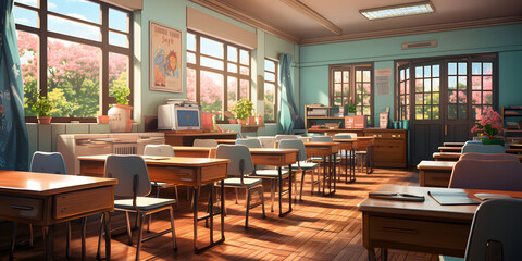 Empty Classroom Interior with Desks and Chairs. Cartoon Classroom Illustration