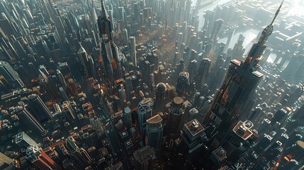 Futuristic cityscapes seen from the perspective of flying drones, capturing the bustling activity...