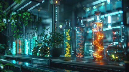 A mesmerizing blend of biotechnology and DIY innovation, with glowing vials, genetic sequences, and bioengineered organisms