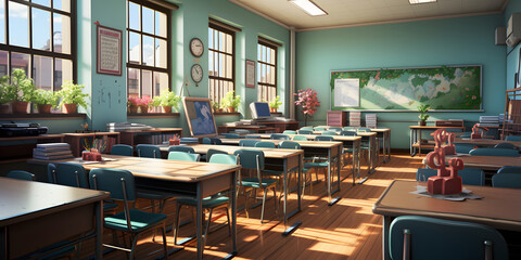 Empty Classroom Interior with Desks and Chairs. Cartoon Classroom Illustration