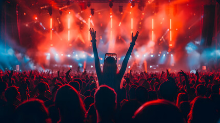 A concert with a crowd of people in front of a stage with bright red lights.