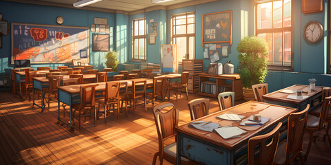 Empty Classroom Interior with Desks and Chairs. Cartoon Classroom Illustration
