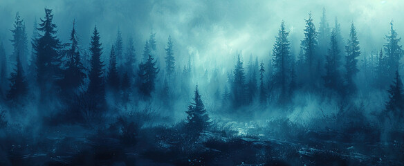 Wild natural landscape with mountains, coniferous fores and heavy fog. Created with Ai - obrazy, fototapety, plakaty