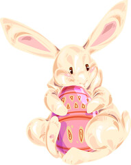 cute kawaii easter bunny with big ears sits with egg vector clipart