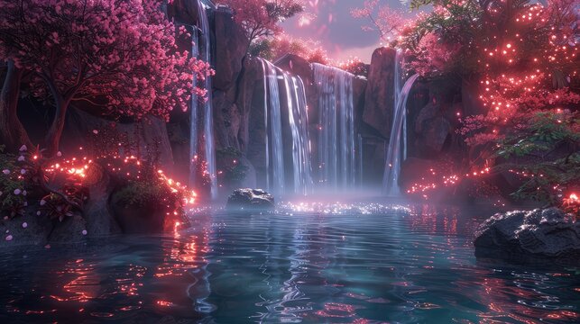 A serene digital landscape with glowing flora, crystalline waterfalls, and avatars engaged in immersive virtual experiences