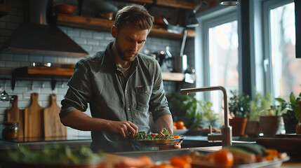Young man preparing vegetable salad in the modern kitchen, showcasing healthy lifestyle choices and culinary expertise, Generative Ai.

