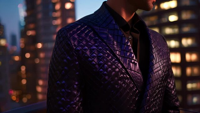 A tailored 3D printed suit with personalized geometric patterns showcasing the wearers sense of style. This sharp and modern look is perfect for a night at a trendy rooftop