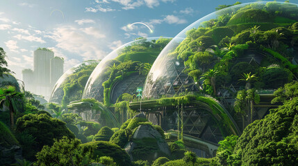 Eco-friendly green dome, covered in lush vegetation, set in a sustainable city of the future, people and green energy sources visible - obrazy, fototapety, plakaty