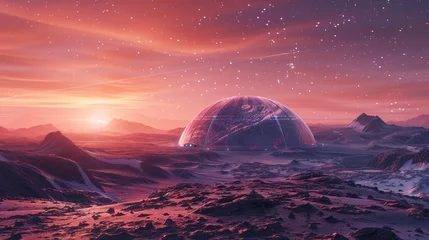 Crédence de cuisine en verre imprimé Aubergine Futuristic dome on Mars, red planet landscape with a starry sky, astronauts exploring around, showcasing advanced technology and alien terrain