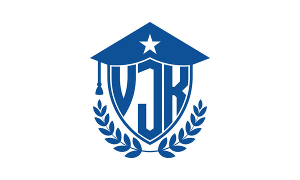 VJK three letter iconic academic logo design vector template. monogram, abstract, school, college, university, graduation cap symbol logo, shield, model, institute, educational, coaching canter, tech