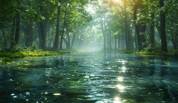 Morning in the forest with river. Beautiful landscape