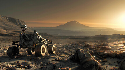 Curiosity rover exploring the rocky Martian terrain, under a dimly lit sky, with Mars' Mount Sharp in the background
