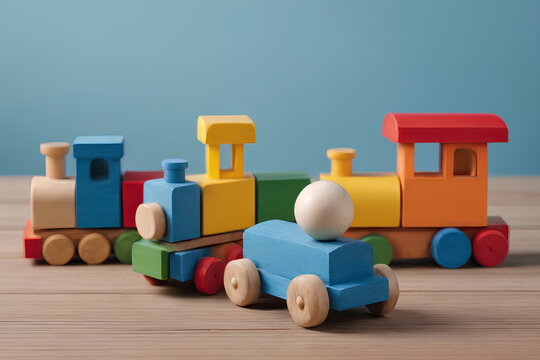 Wooden train involved with soft ball on pastel blue background
