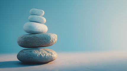 Balanced pebble stones for spa treatments on blue background the balancing cairn symbol of harmony tranquility , generative ai