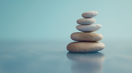 Fototapeta na wymiar Balanced pebble stones for spa treatments on blue background the balancing cairn symbol of harmony tranquility , generative ai