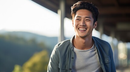 portrait of a casually dressed handsome young Asian man smiling  - obrazy, fototapety, plakaty
