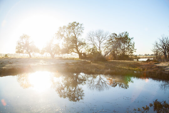 Double sunrise reflected in a farm dam