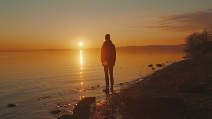 person standing alone on a beach at sunset, gazing at the horizon, symbolizing introspection and solitude in mental health