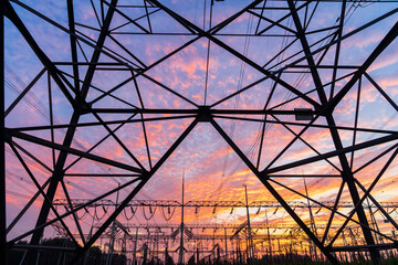 The pylons are in the evening, Substation in the evening, High voltage substation and beautiful...