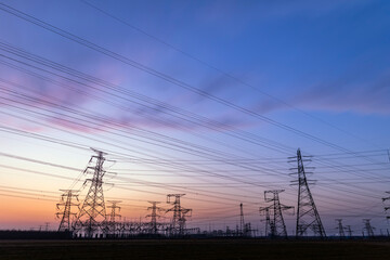 The pylons are in the evening, Substation in the evening, High voltage substation and beautiful...