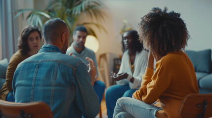 community center, diverse individuals sitting in a circle, sharing experiences, focus on empathetic expressions and a sense of community
