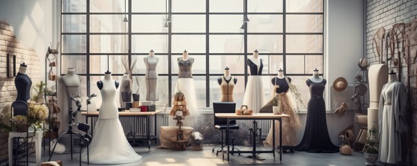 Interior of fashion designer studio room with various sewing items, fabrics and mannequins standing. - Powered by Adobe