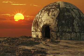ancient stone dome, weathered by time, standing majestically in a deserted landscape, with the sun setting in the background, casting a warm golden light