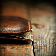 Vintage Leather Wallet with Cash on Rustic Wooden Table: Close-Up of Personal Finance and Savings - obrazy, fototapety, plakaty