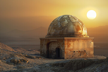 ancient stone dome, weathered by time, standing majestically in a deserted landscape, with the sun setting in the background, casting a warm golden light