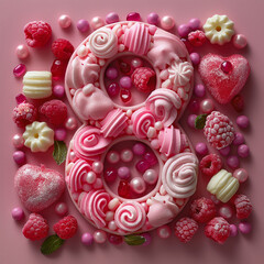 Number eight made of pink fondants and berries,