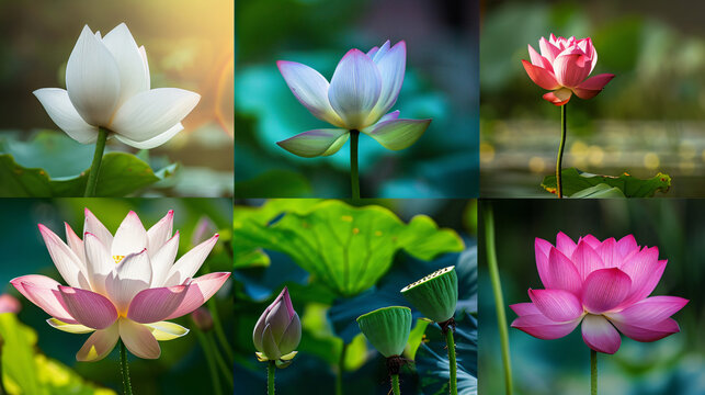 Photographic images depicting various lotus.