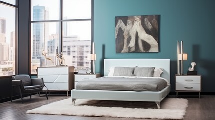 Chic Urban-inspired Bedroom with Soft Grayish Blue Walls and City Sophistication Create a chic urban-inspired bedroom with soft grayish blue walls