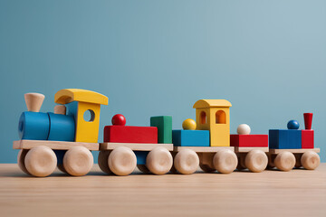 Wooden train involved with soft ball on pastel blue background
