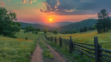 Picturesque landscape, fenced ranch at sunrise.