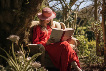 a woman dressed as her favorite literary character reading a book in a scenic outdoor setting to commemorate World Book Day
