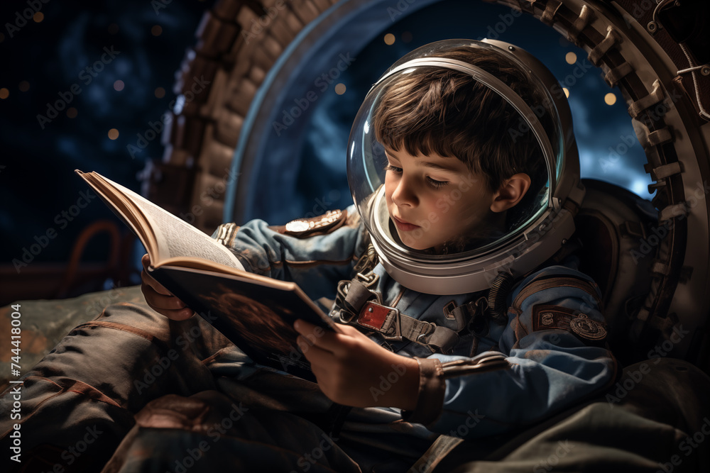 Wall mural a boy waring an astronaut suit reading a book in outer space
