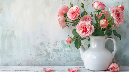 Pink roses displayed in a white vase against.