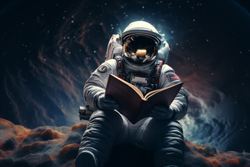 a boy waring an astronaut suit reading a book in outer space