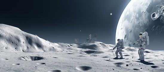 Astronauts view the Earth from the lunar surface on a lunar landing mission to examine the lunar surface.