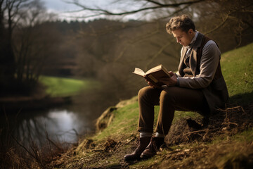a man dressed as his favorite literary character reading a book in a scenic outdoor setting to commemorate World Book Day - obrazy, fototapety, plakaty