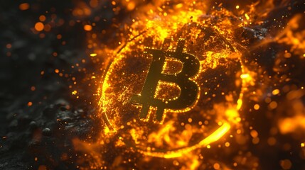 Bitcoin cryptocurrency coin in fire flames. Cryptocurrency concept. 3D illustration.