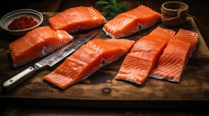 Large pieces of raw salmon On a rough wooden table and knives,