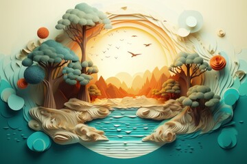 Paper art landscape with mountains, trees, flowers, river, birds, and clouds on blue background